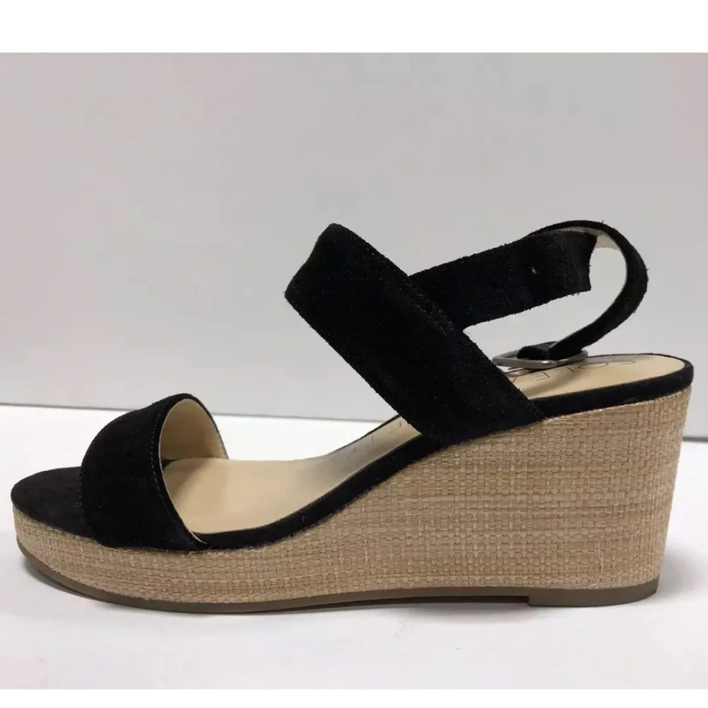 Sole Society Women’s Cimmie, Black/Natural Wedge Sandals, Size 7.5 M.
